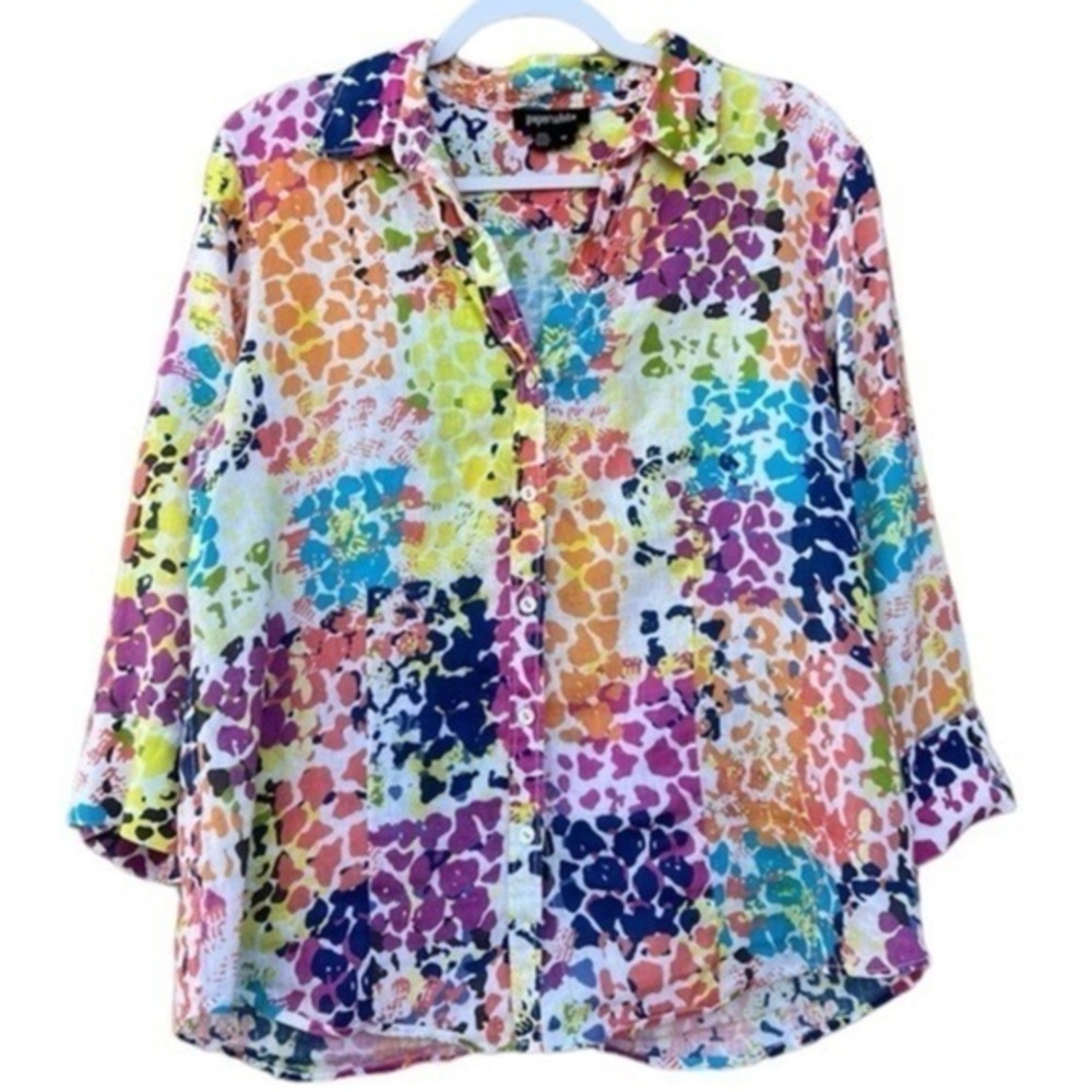 Paperwhite Retro 100% Linen Shirt Women‎ Size 12 Multi Art Lagenlook Resortwear